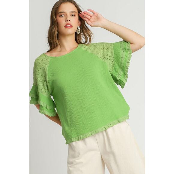 Umgee Cotton Gauze Round Neck Ruffle Eyelet Layered Sleeves Flowy Blouse | Lime - Picture 2 of 6